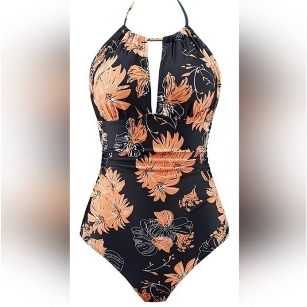 New Be2 Prity Floral One Piece Swimsuit Backless Tummy Control Black Orange L